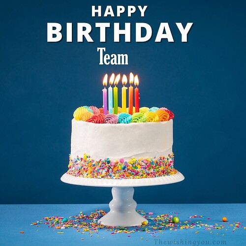 Happy-birthday-Team-written-on-image-White-cake-keep-on-White-stand-and-burning-candles-Sky-background